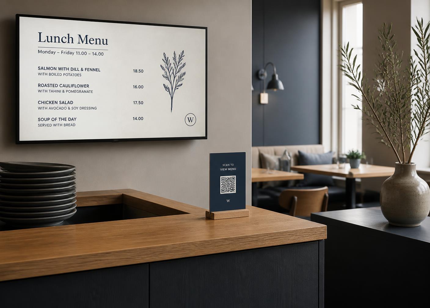 Digital menytavla och QR-meny i en modern restaurang